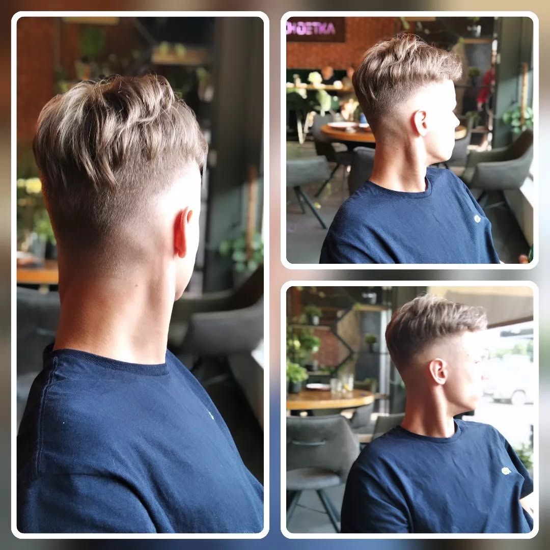Vīriešu griezums ar pāreju (fade) no trim skatu punktiem